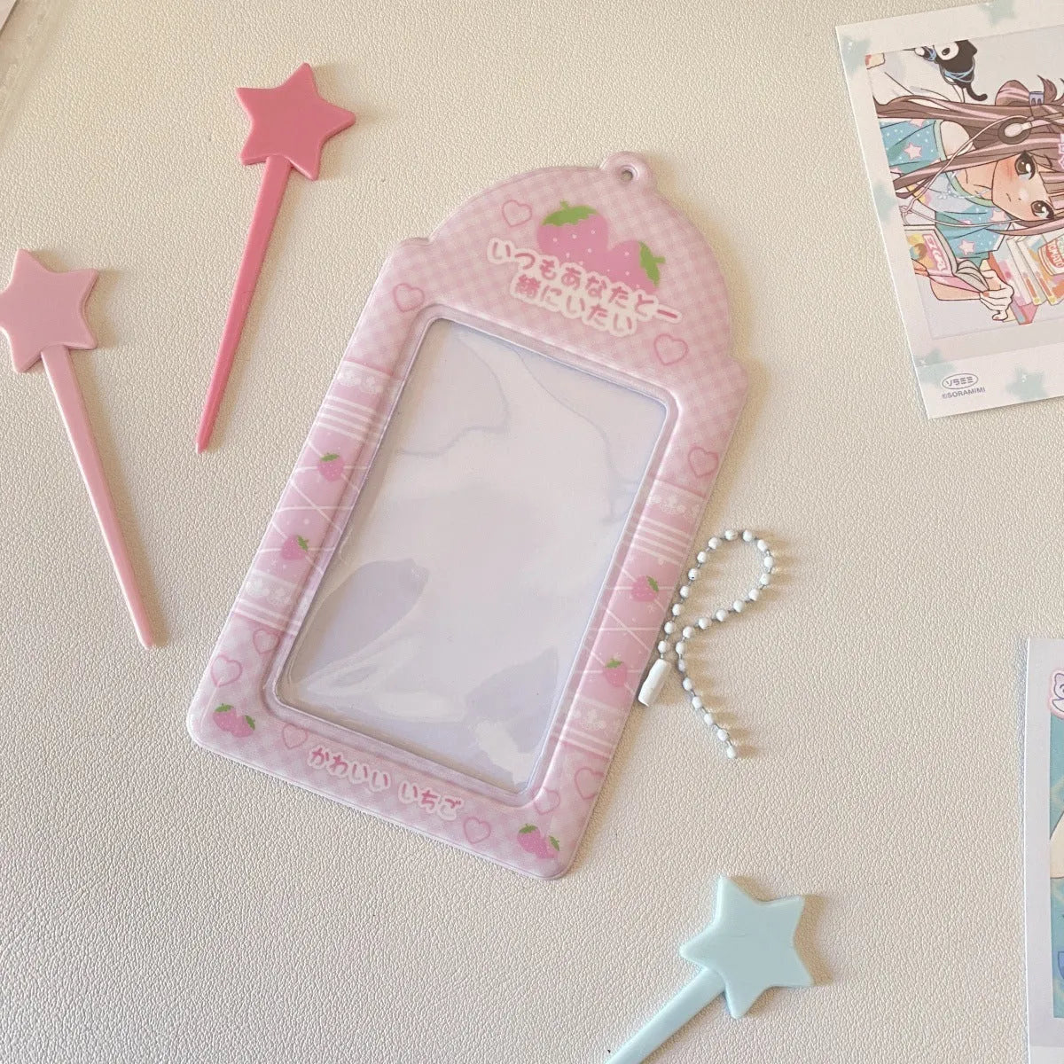 PVC plastic card holder with strawberry plaid pattern measuring 7.6 by 13.6 centimetres