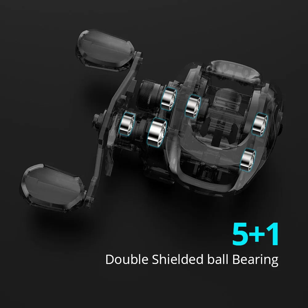 Drip wheel fishing reel with lure rod and a choice of left or right-hand wheel, shown with included fishing vessel.