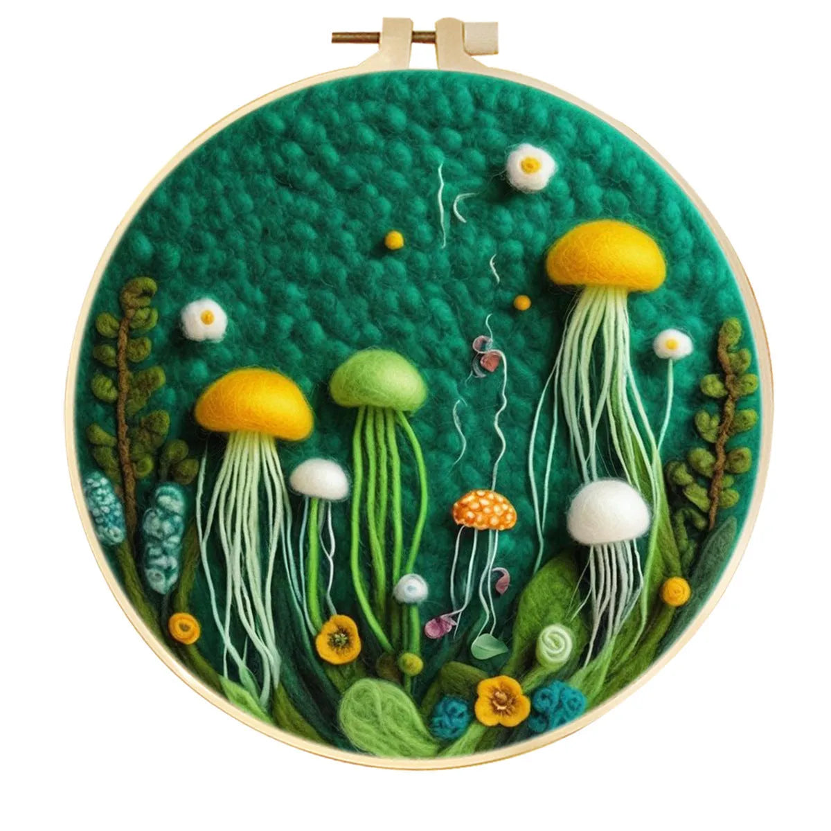 Round linen fabric embroidery kit with free hoop for making a 20x20 cm three-dimensional floral blanket painting.