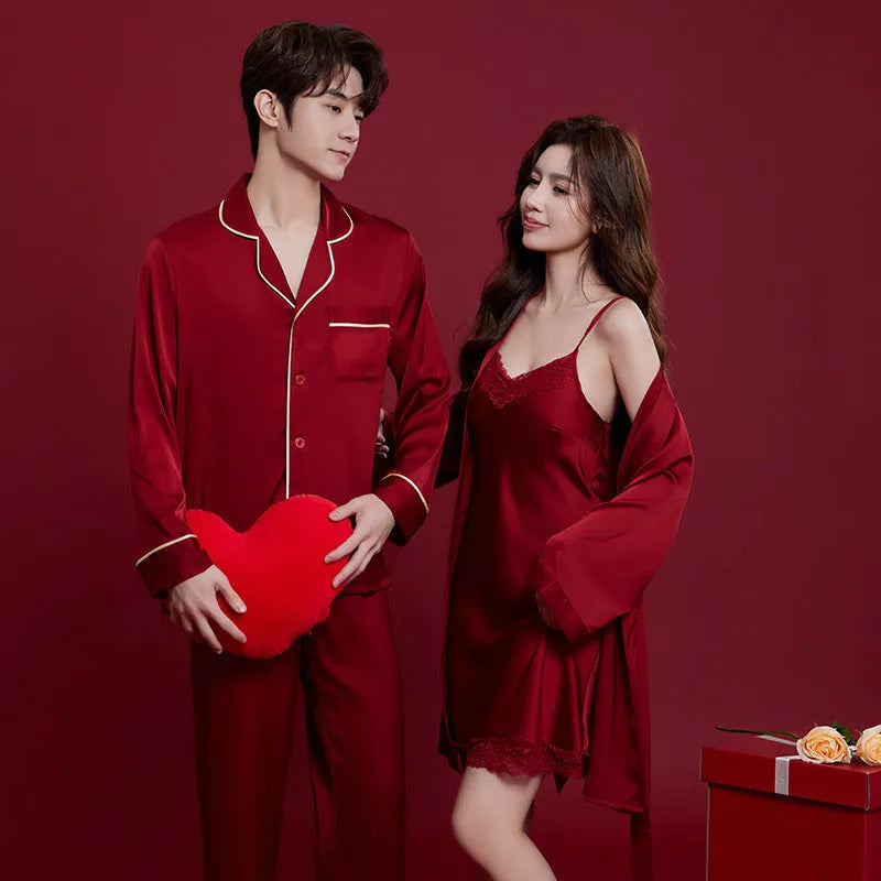 Red ice silk wedding dowry suit set with matching men's and women's sleepwear, long sleeves and trousers