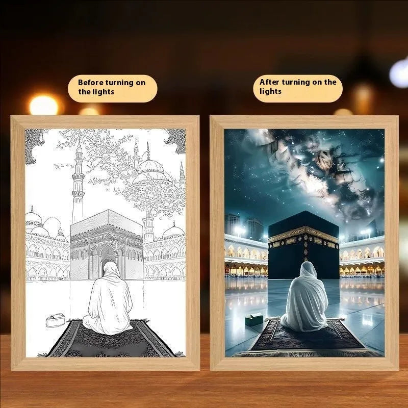 Modern rectangular LED light painting wall art with handmade frame showing illuminated design