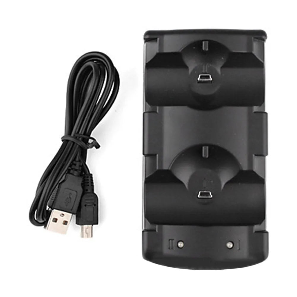 Black PS3 dual controller charging dock with two controller cradles and USB cable
