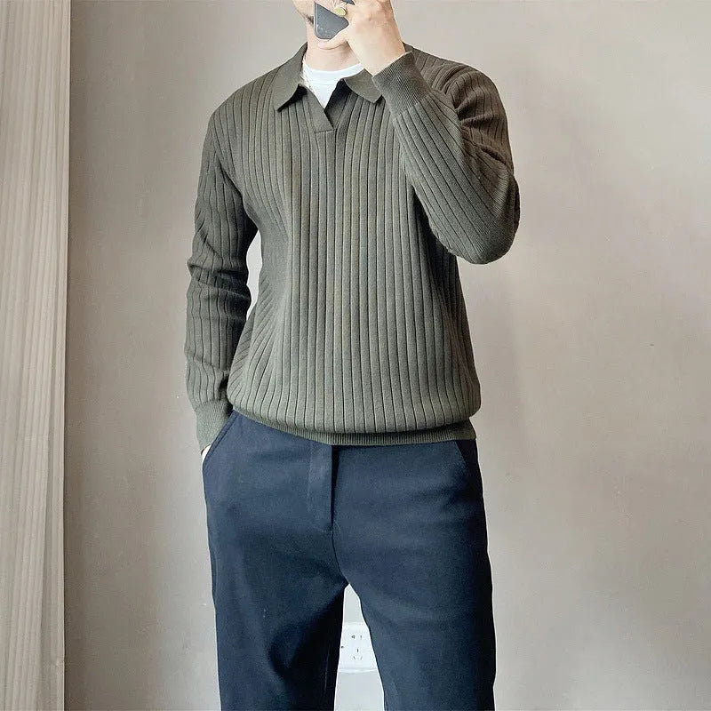 Loose striped lapel knitted sweater for boys in Army Green colour