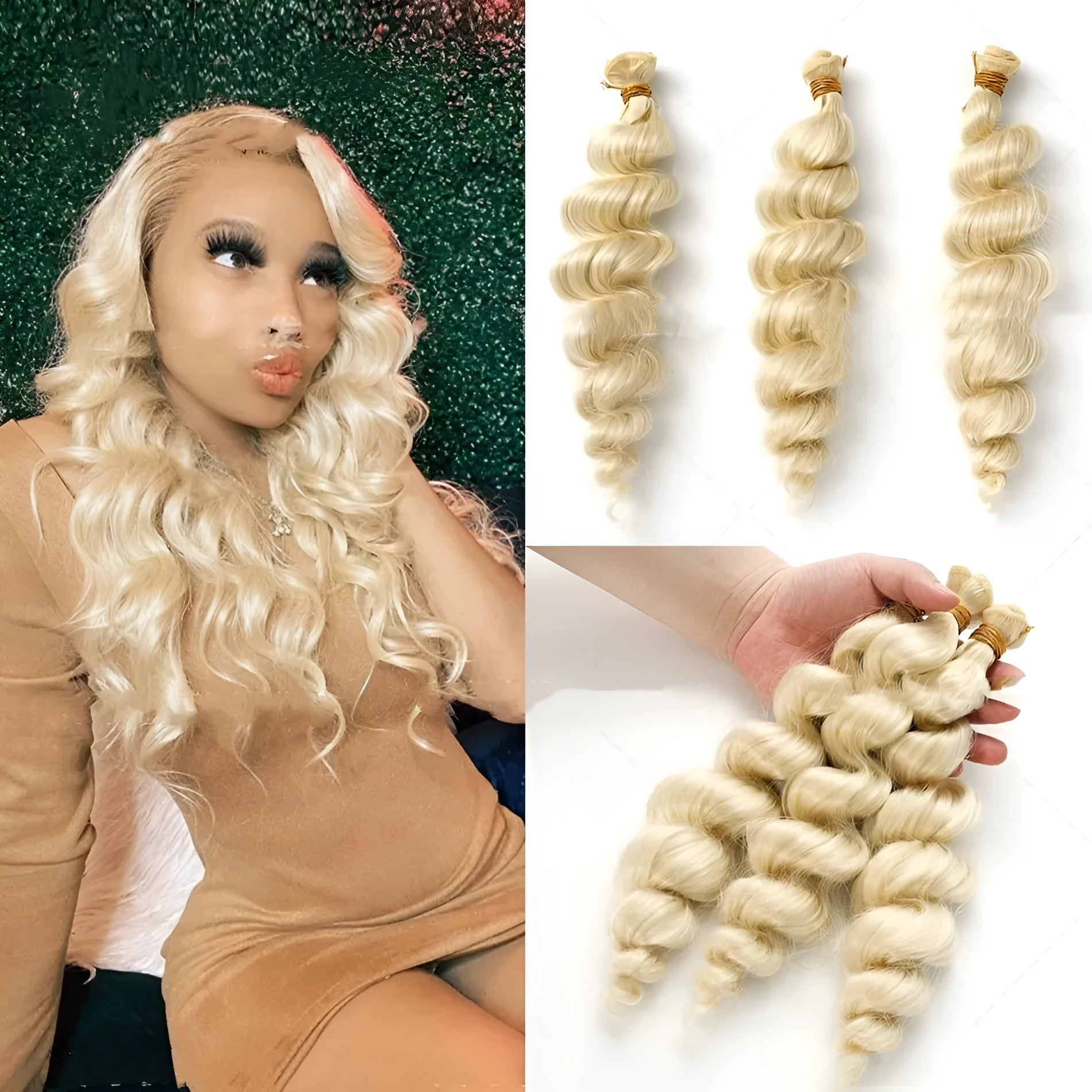 Golden straight synthetic hair weft wig for women shown in three length options.