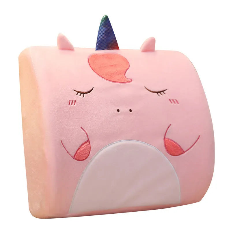 Cartoon anime memory foam seat back cushion with embroidery, shown in Pink Unicorn design.