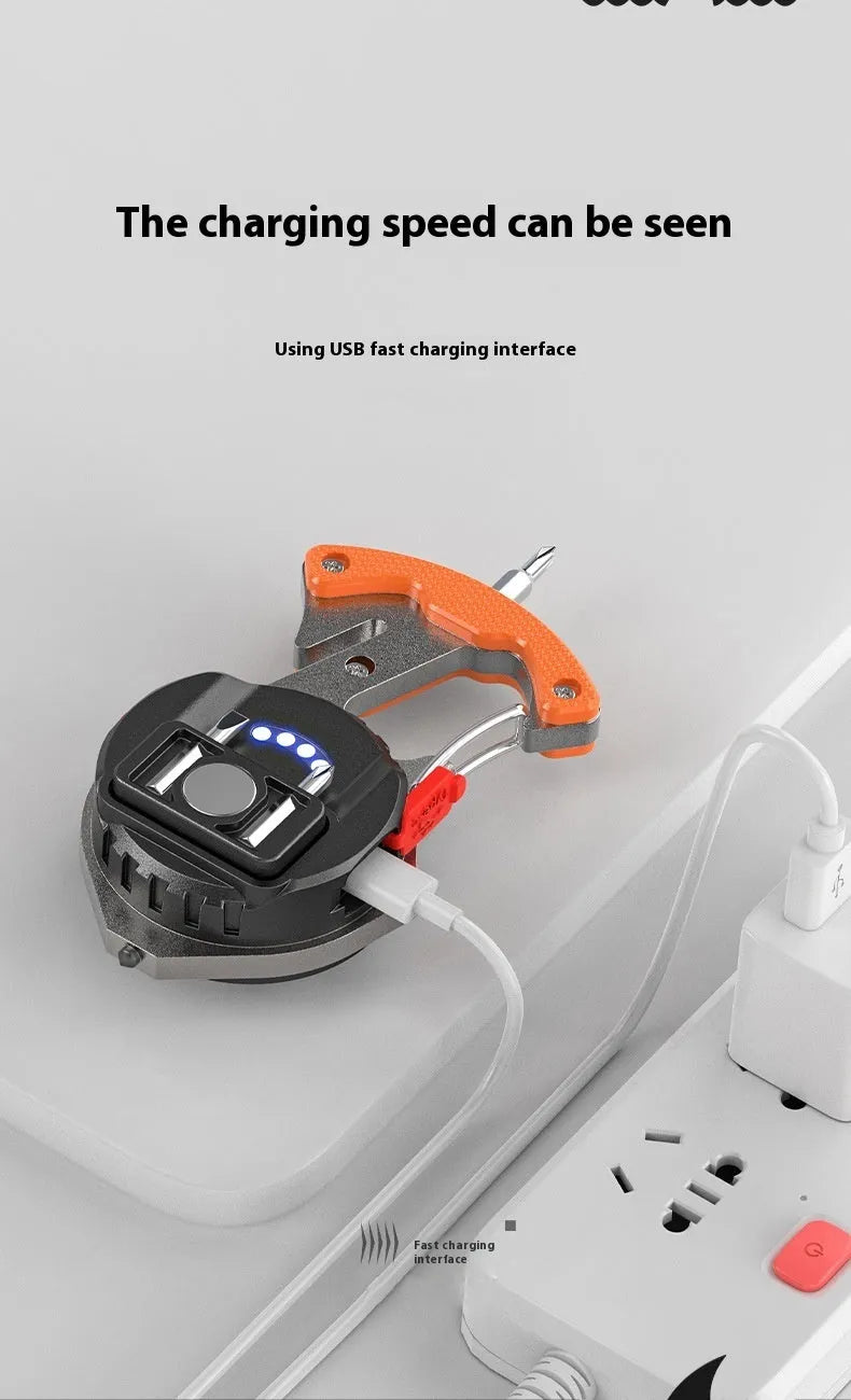 Compact multifunctional keychain torch showing COB light array, keyring, and built-in window breaker and screwdriver tools.