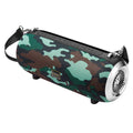 F666 mini square fabric Bluetooth speaker with shoulder strap in black, blue, camouflage, or red.