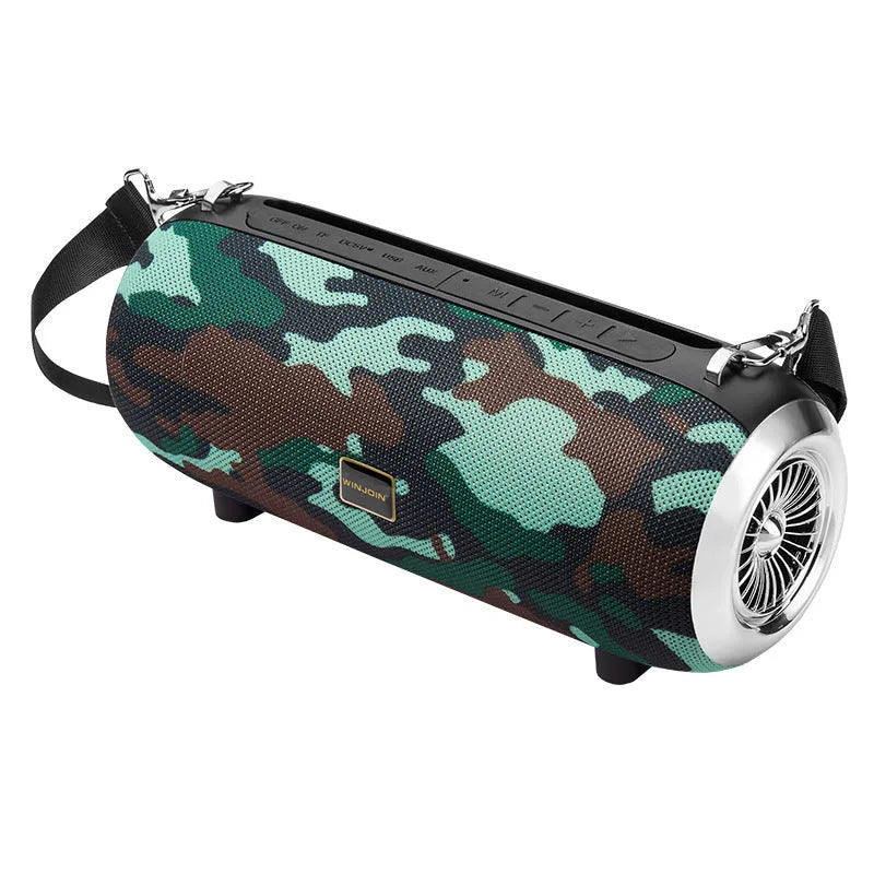F666 mini square fabric Bluetooth speaker with shoulder strap in black, blue, camouflage, or red.