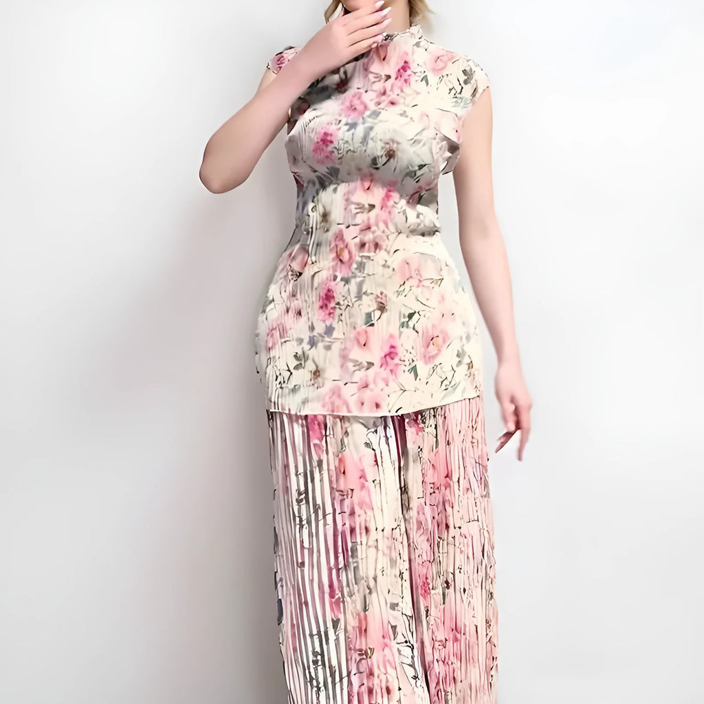 Two-piece printed chiffon dress set with long sleeves and high waist design showing separate skirt and top