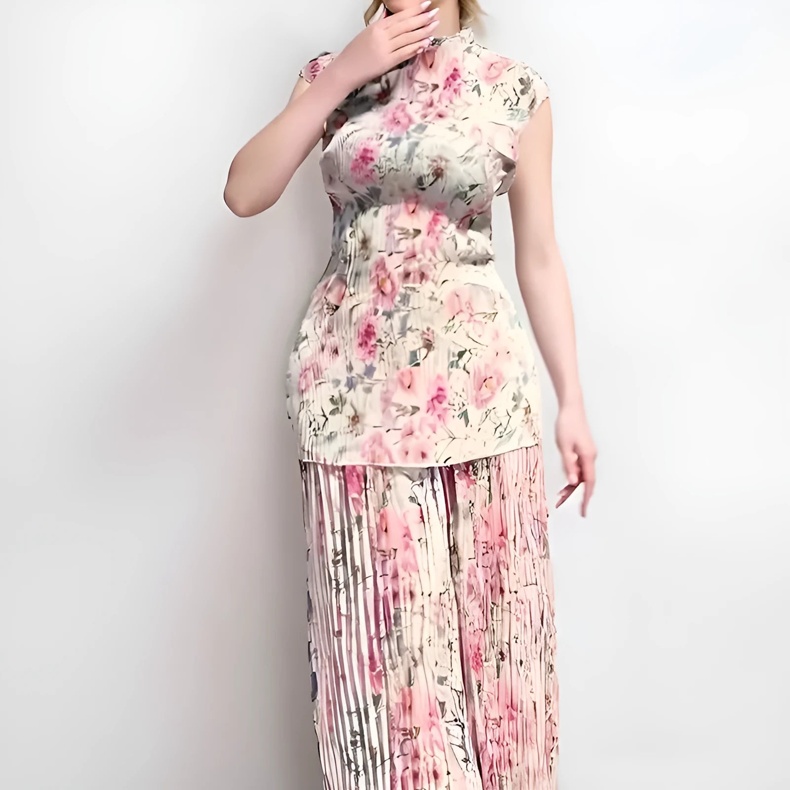 Two-piece printed chiffon dress set with long sleeves and high waist design showing separate skirt and top