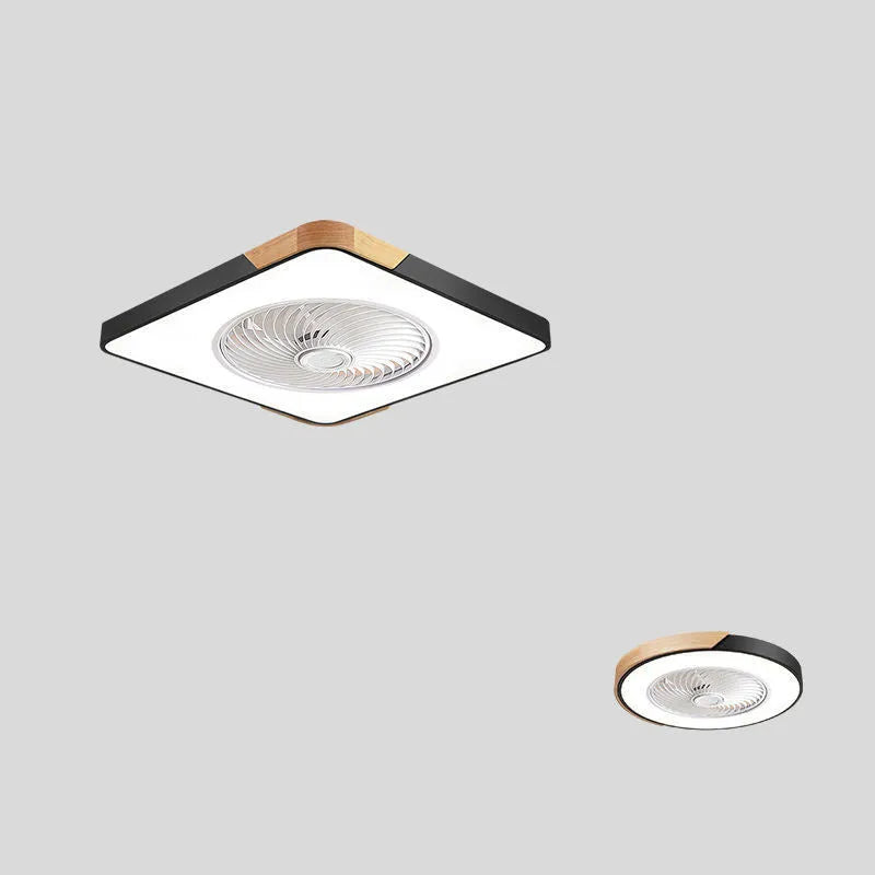Nordic style ceiling fan with integrated light on a solid wood base, shown in rectangular, round, and square options.