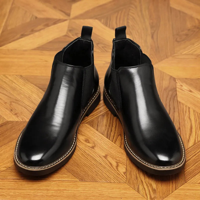 Men's black formal pointed-toe leather boots with square heel on rubber sole