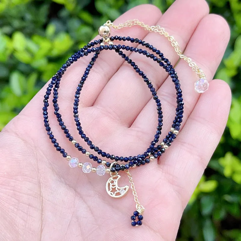 Blue sand stone three-ring bracelet with multi-layer construction and cut design for women