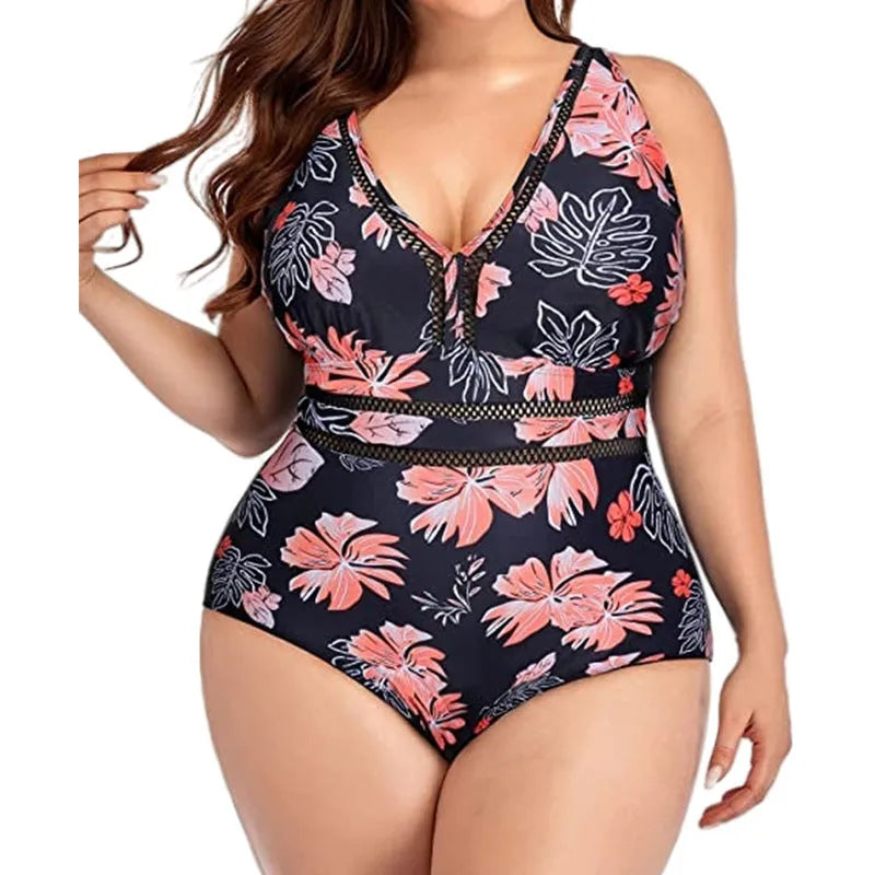Black printed plus size polyester mesh bikini swimsuit for women on a size chart.