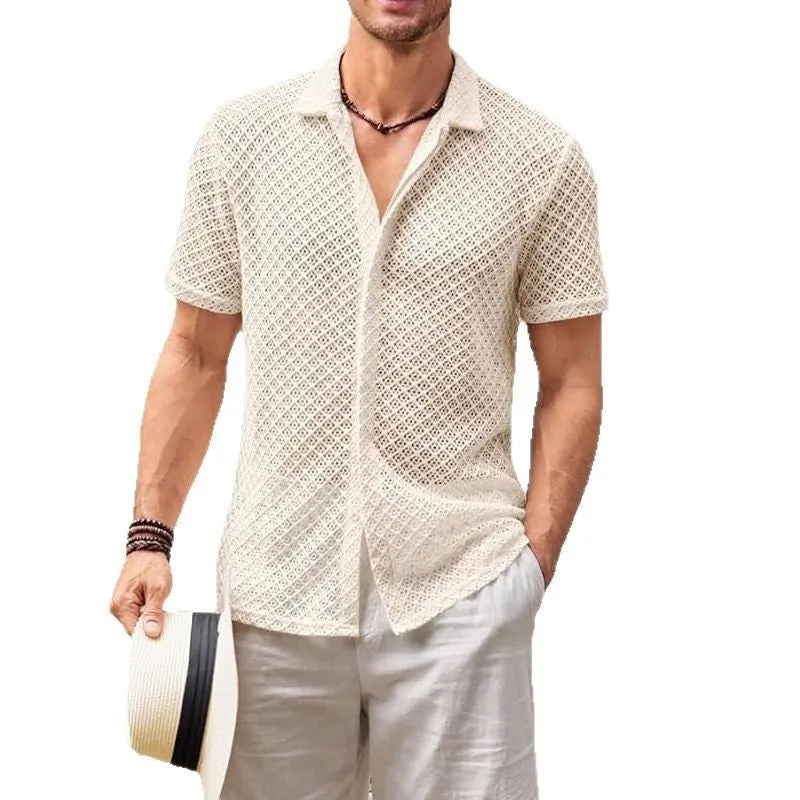 Men's solid colour short sleeve shirt with a lapel collar, shown in milky white.
