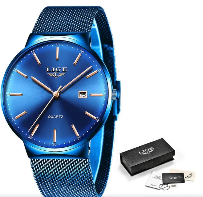 Men's stainless steel watch with a 40mm case shown in black, blue, and two-tone colour options.