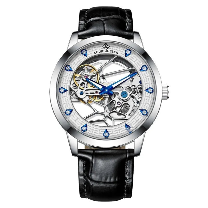 Men's silver mechanical watch with white dial, blue luminous hands, leather strap, and butterfly buckle