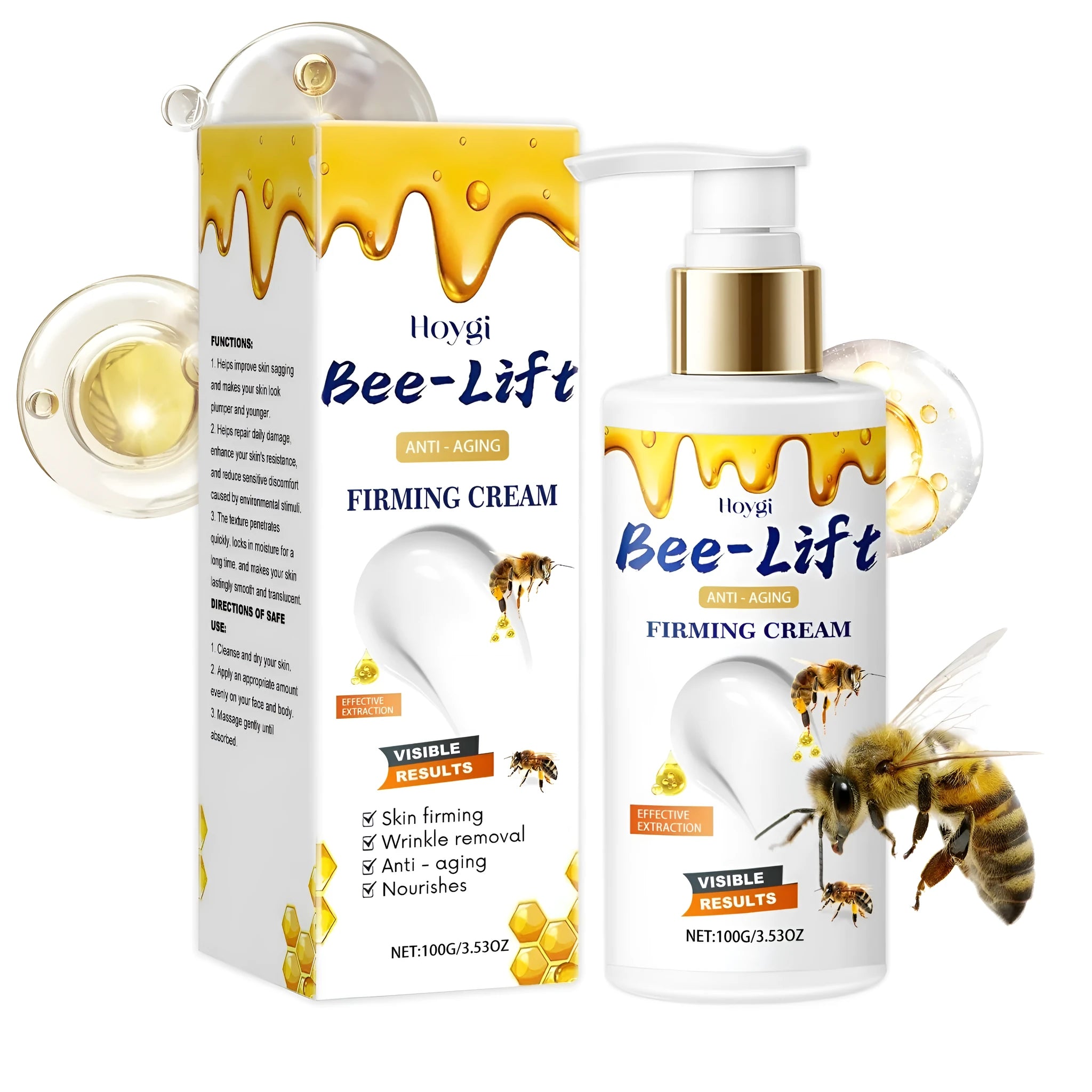 White jar of 100g firming cream with bee venom and hyaluronic acid.