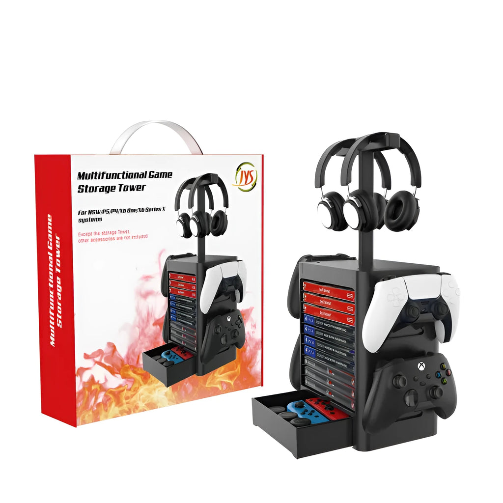 Black gaming storage rack with headphone holder, controller sides, and drawer for PS5 Xbox Switch accessories