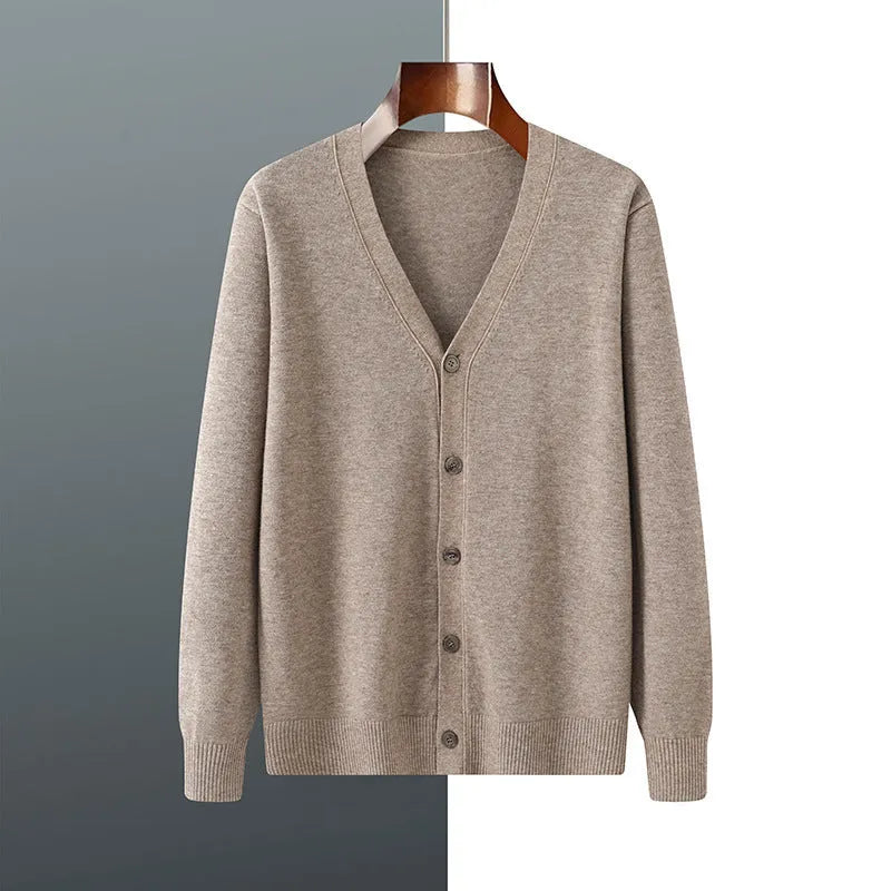 Man modelling a loose V-neck cardigan coat in Andy Velvet knitted fabric.