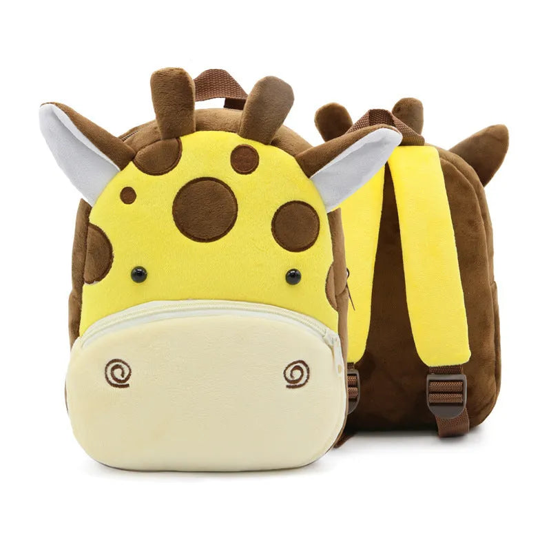 Soft plush children's backpack in cartoon animal design, shown with zipper open, dimensions 26cm by 24cm.