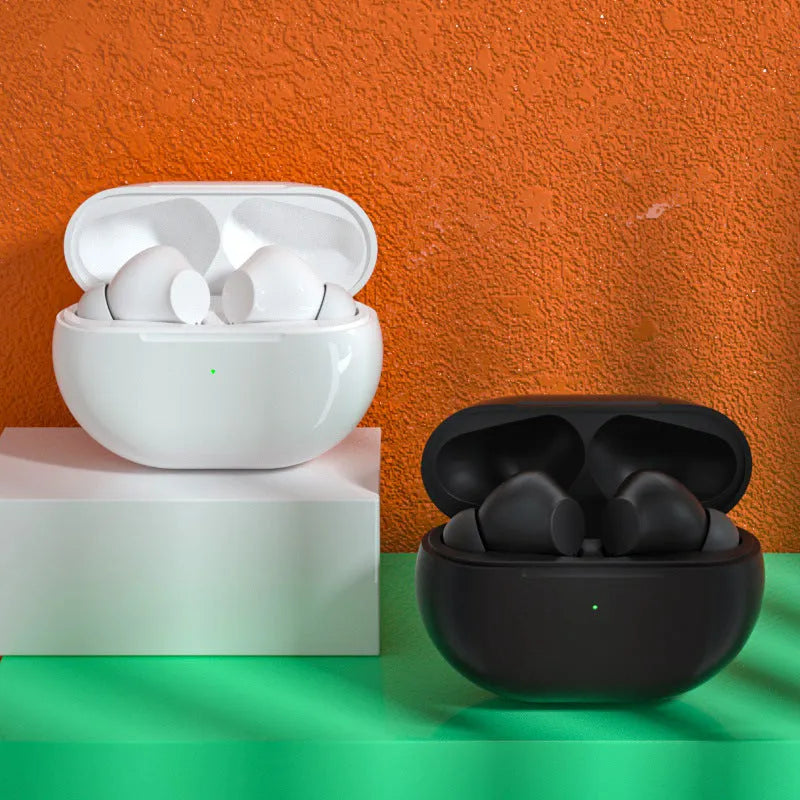 Pro4 Bluetooth wireless headset in black or white with a compact charging case.