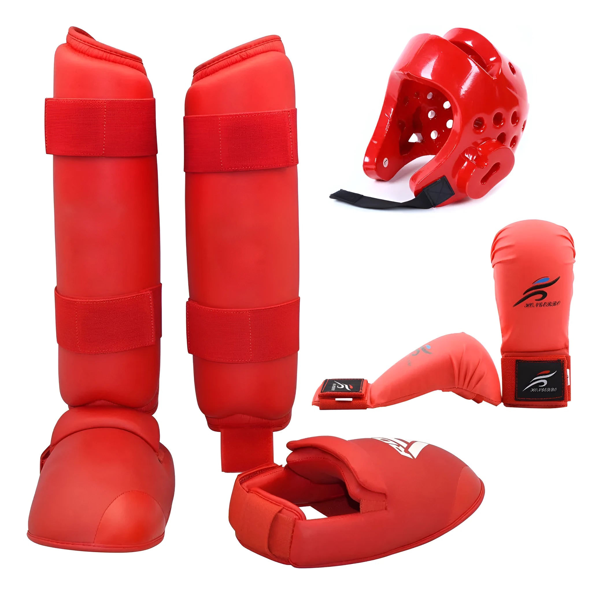 Karate and taekwondo protective gear set with leg guard, helmet, and boxing gloves in red or blue