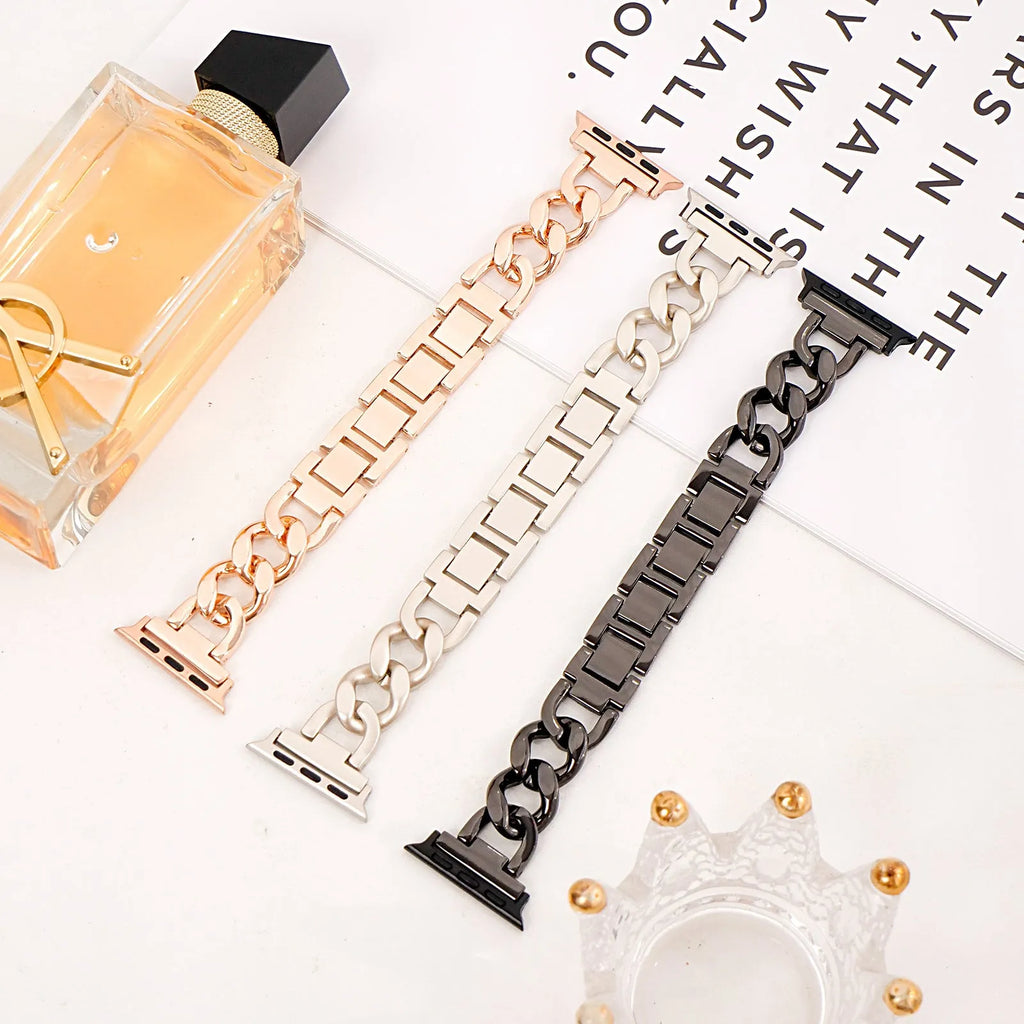 Denim chain metal Apple Watch strap in silver, black, gold, rose gold and Starlight colour options