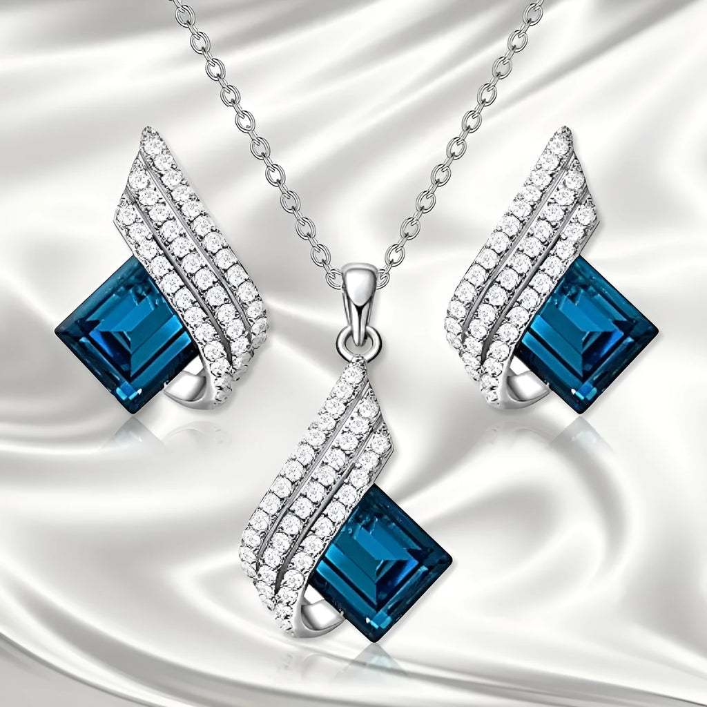 Ladies necklace and earring set with alloy pendant on cross chain, glass accents, electroplated finish