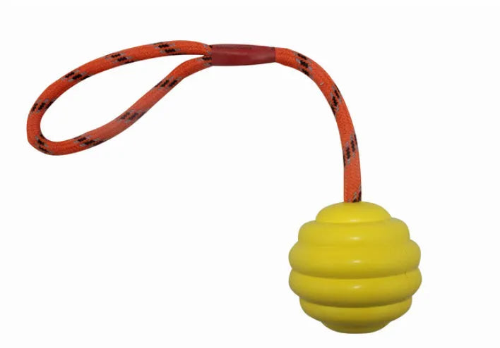 Multi-colour rubber dog toy ball with rope knot design measuring 6×30 cm
