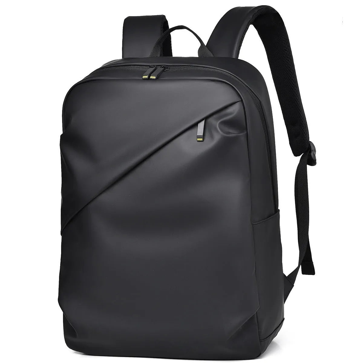 Waterproof PU leather backpack in black, blue or grey showing simple design and sewing thread detailing