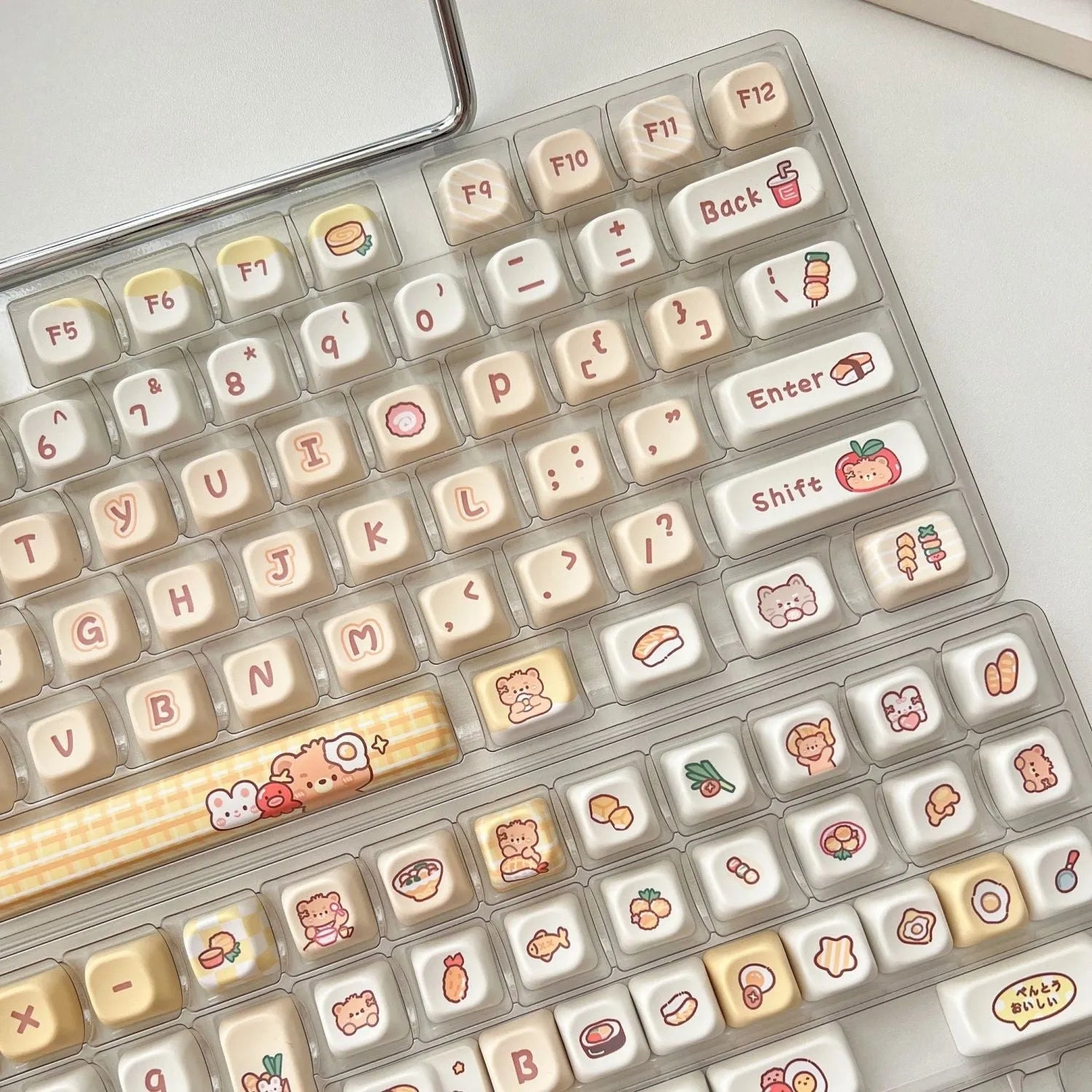 Set of 140 Rabbit Bear Restaurant themed PBT plastic keycaps with EOA height profile for mechanical keyboards.