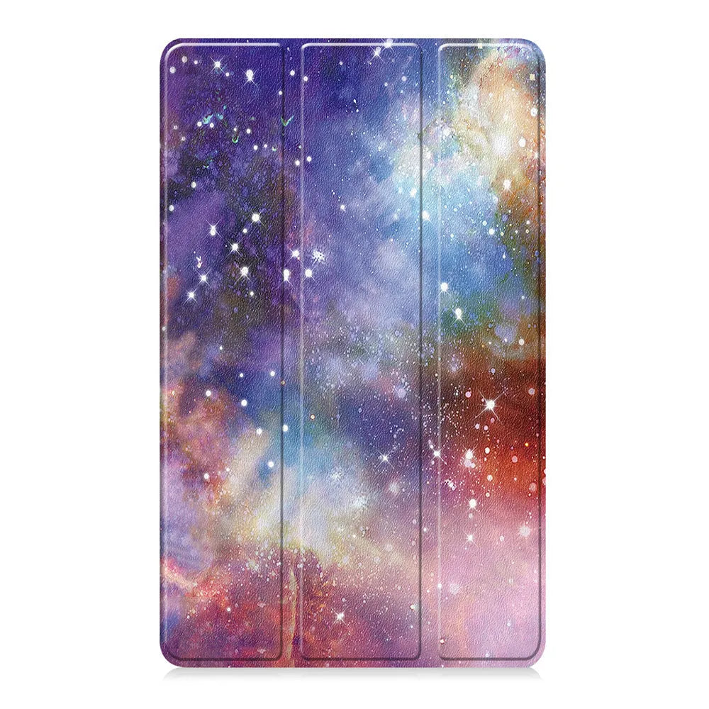 Samsung Tab S10 FE Plus 13.1 inch hard case in tri-fold stand mode showing silk screen design and microfibre lining