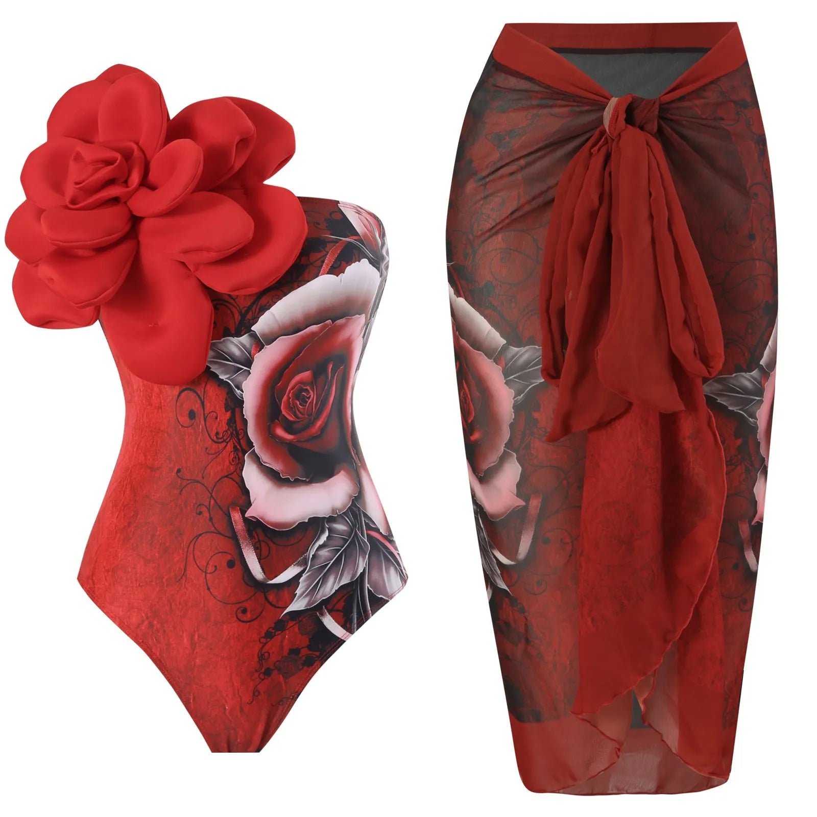 Women's blue printed one-piece swimsuit with matching gauze skirt set