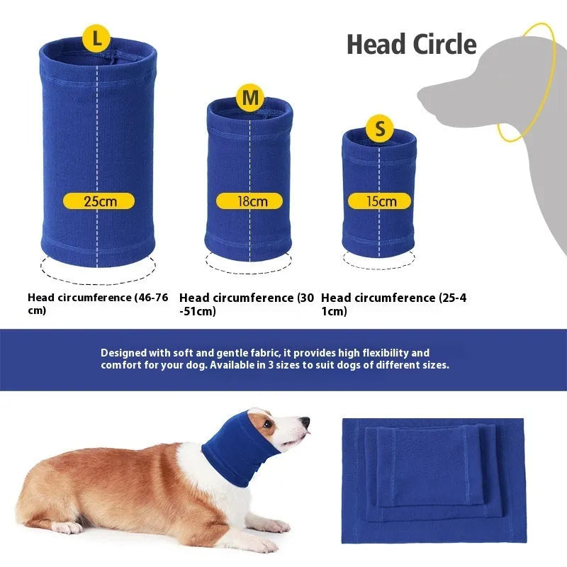 Blue and grey polyester dog headband scarf showing S M L size options