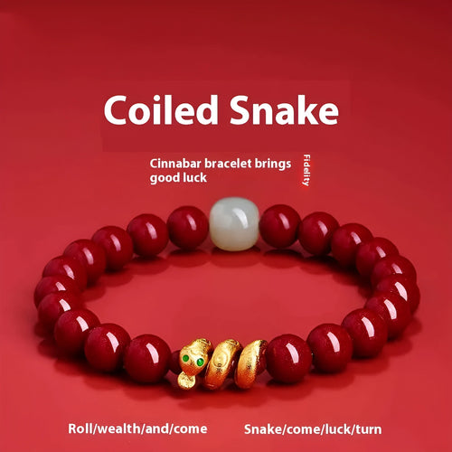 Handmade cinnabar snake zodiac bracelet in Chinese style with 6mm or 8mm bead options