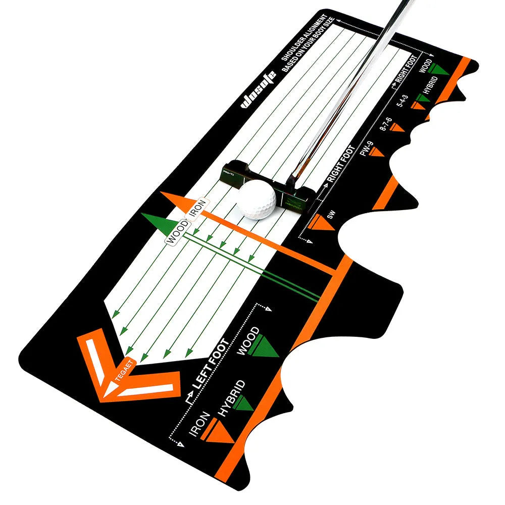 Black neoprene golf swing posture correction mat with directional alignment markings