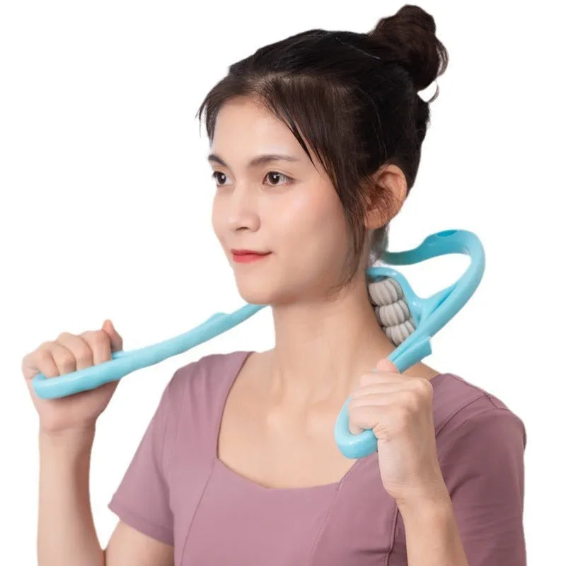 Blue plastic six-wheel manual massager for neck, shoulder and waist tension relief