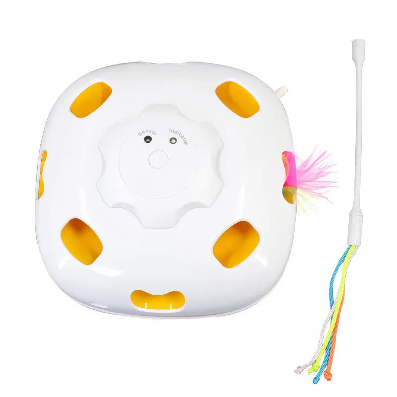 Cat toy with feather teaser wand in picture colour measuring 19.8x11.5x19.5cm