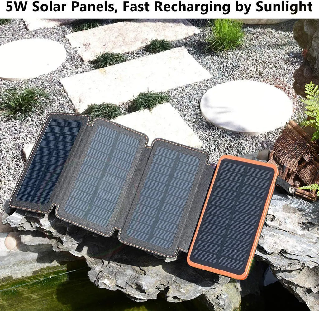 Outdoor solar phone charger with rainproof case in four colours showing solar panel and LED light