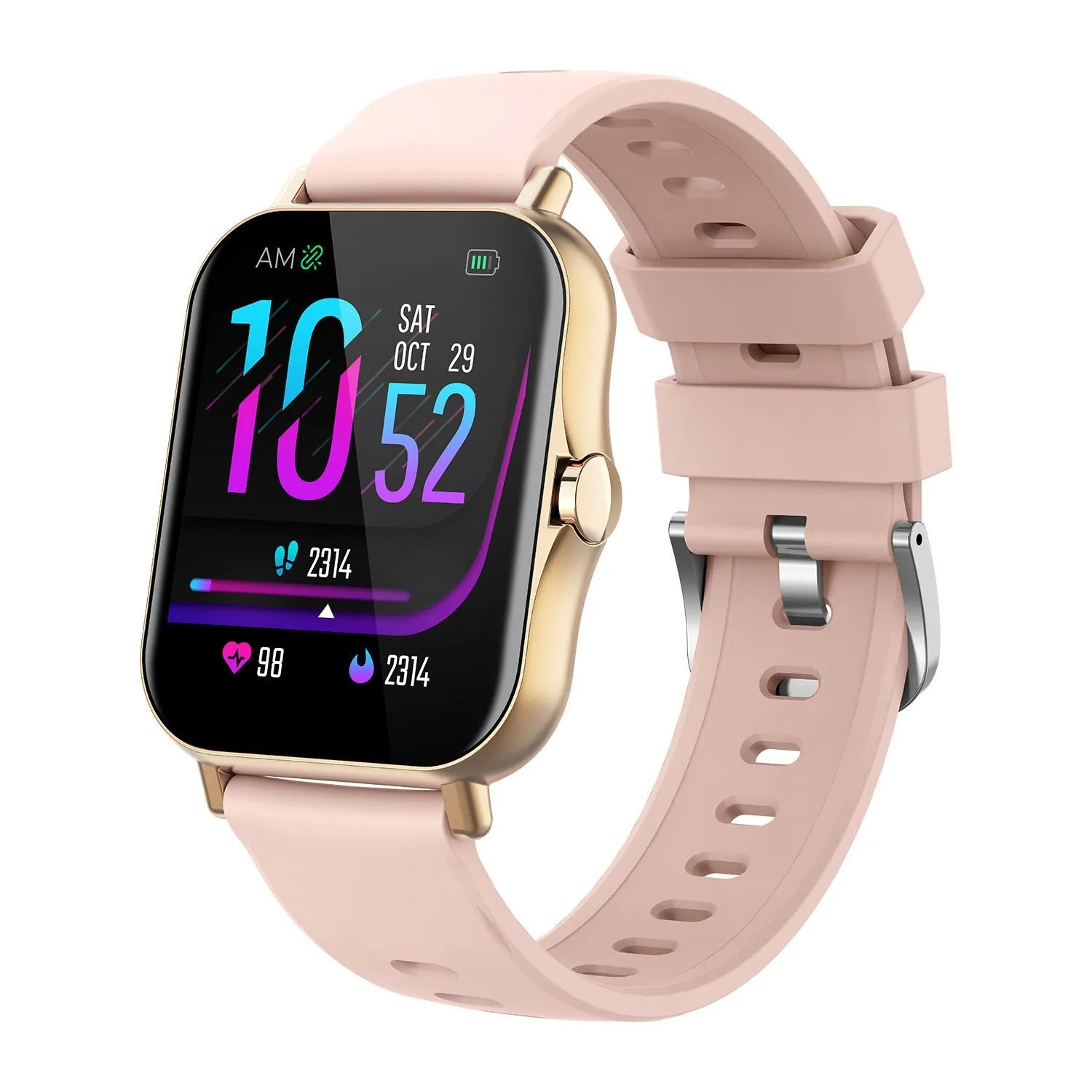 W10 model smart watch in blue with a curved touch screen displaying heart rate, worn on a wrist.