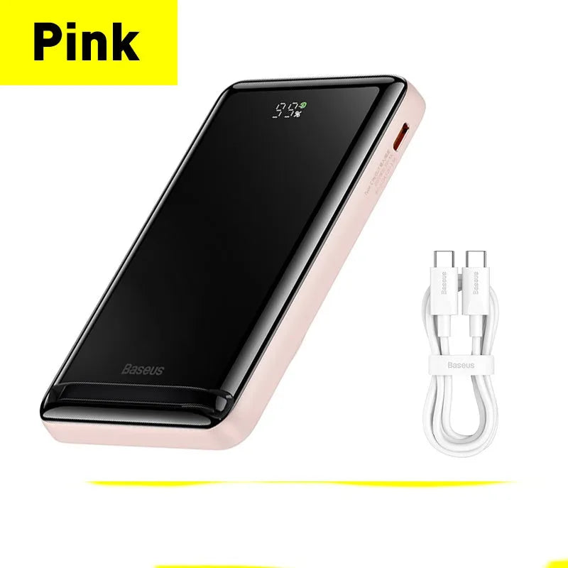 Slim blue 3-in-1 magnetic wireless power bank showing dimensions and charging cable