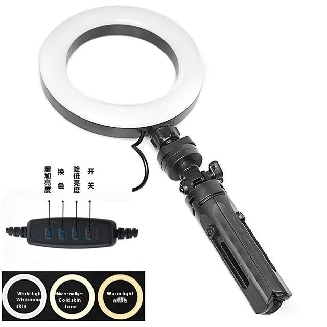 Black mobile selfie bracket with adjustable LED fill light and desktop tripod for smartphone video recording