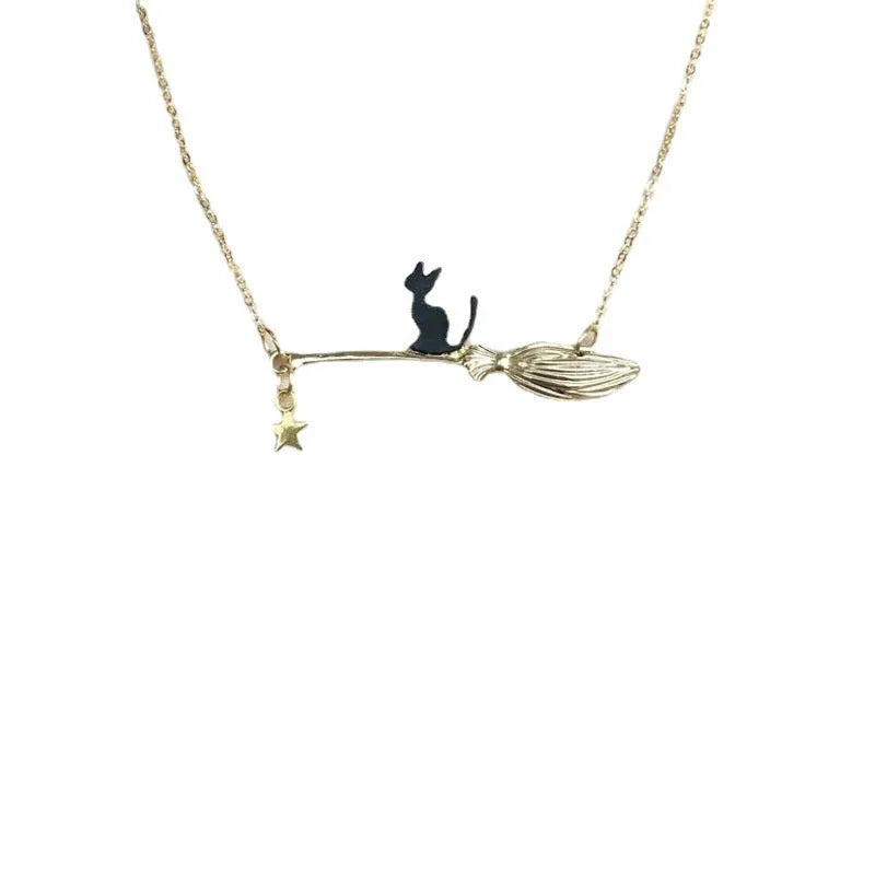 Alloy black cat pendant necklace with zodiac totem elements in gold or silver finish