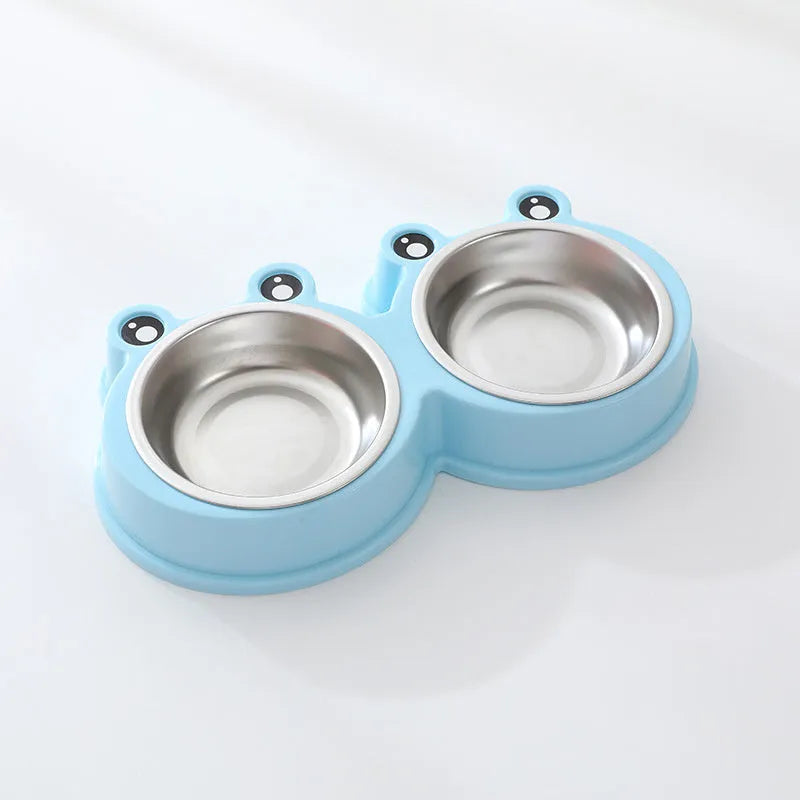Stainless steel pet bowl with frog design and two compartments for food and water
