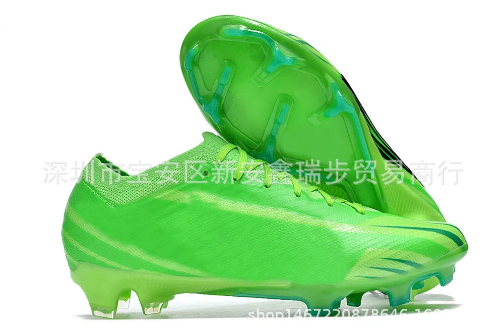 Men's black football shoes with FG studs, knitted upper, and lace-up closure on grass pitch