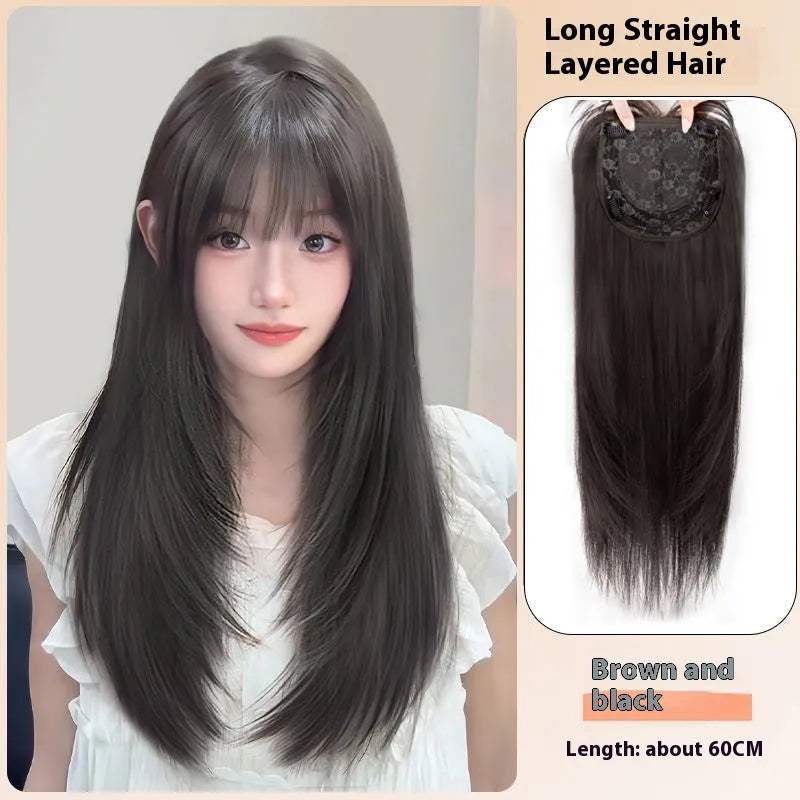 Full-head wear-free hair net wig with long straight high-temperature fibre and layered styling in black colour options