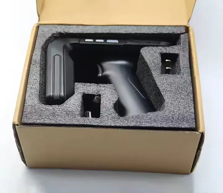 SLP-05 black portable UHF RFID Android handheld reader with scan trigger and display.