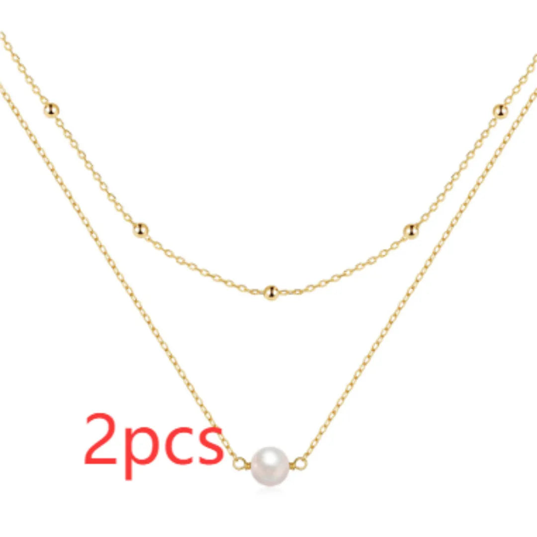 S925 sterling silver double layer twin pearl necklace with geometric pendant on ball bead chain