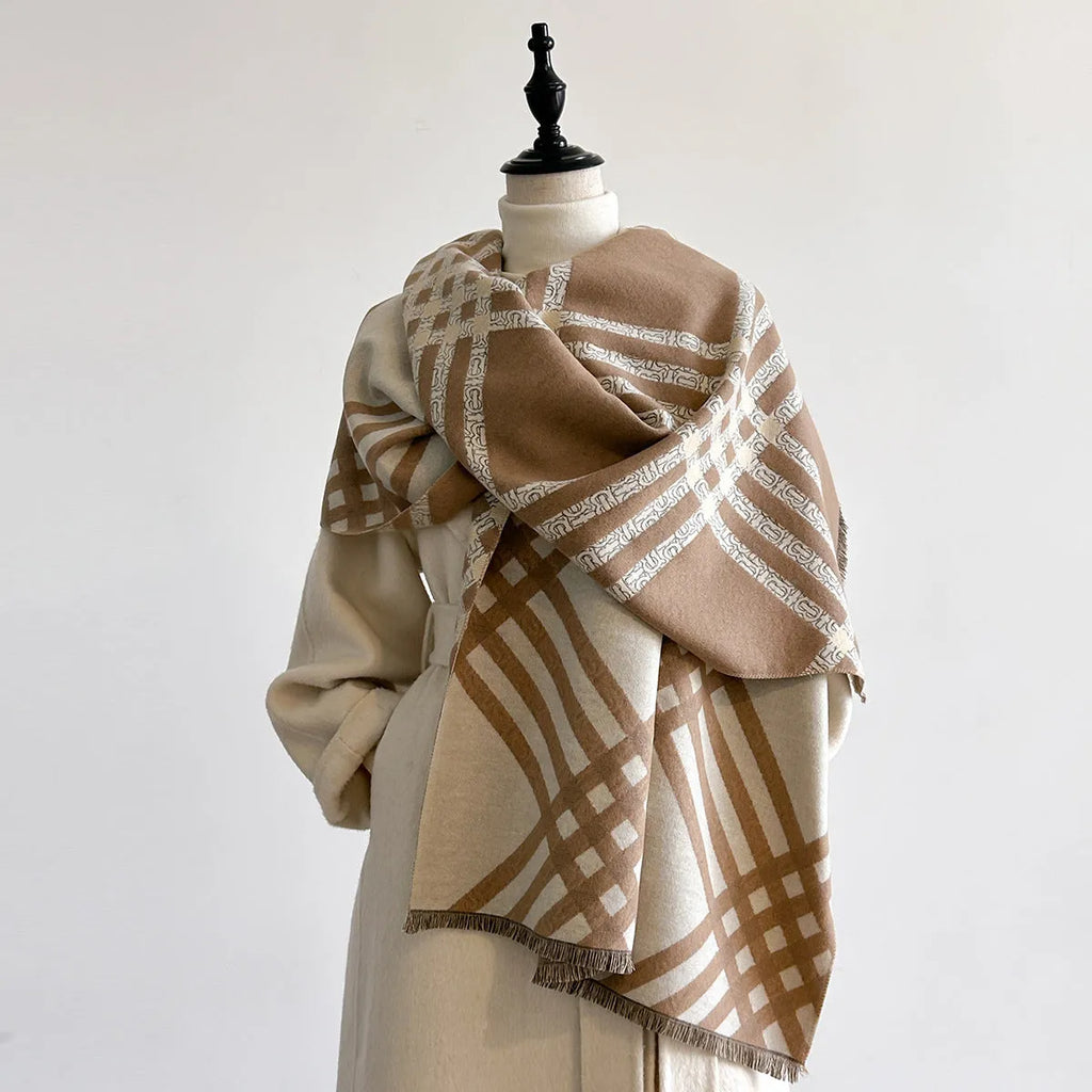 Women's imitation cashmere scarf with tassels in brown colour showing 185cm length